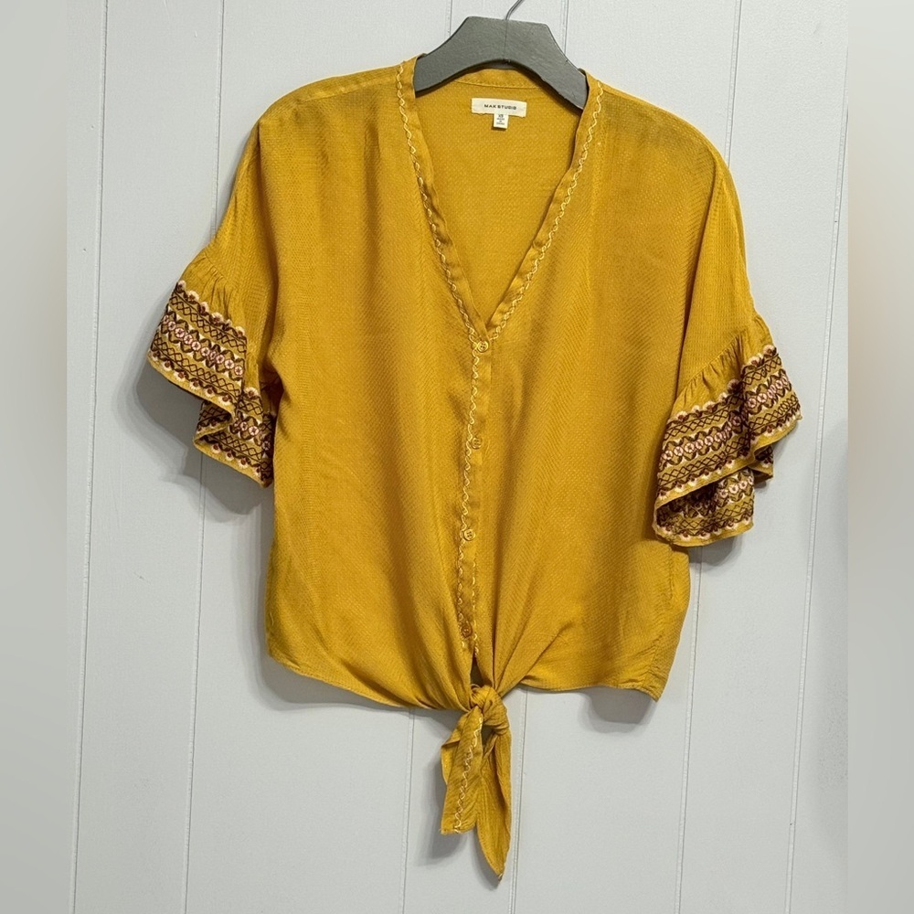 Mustard V-Neck Tie-Front Blouse